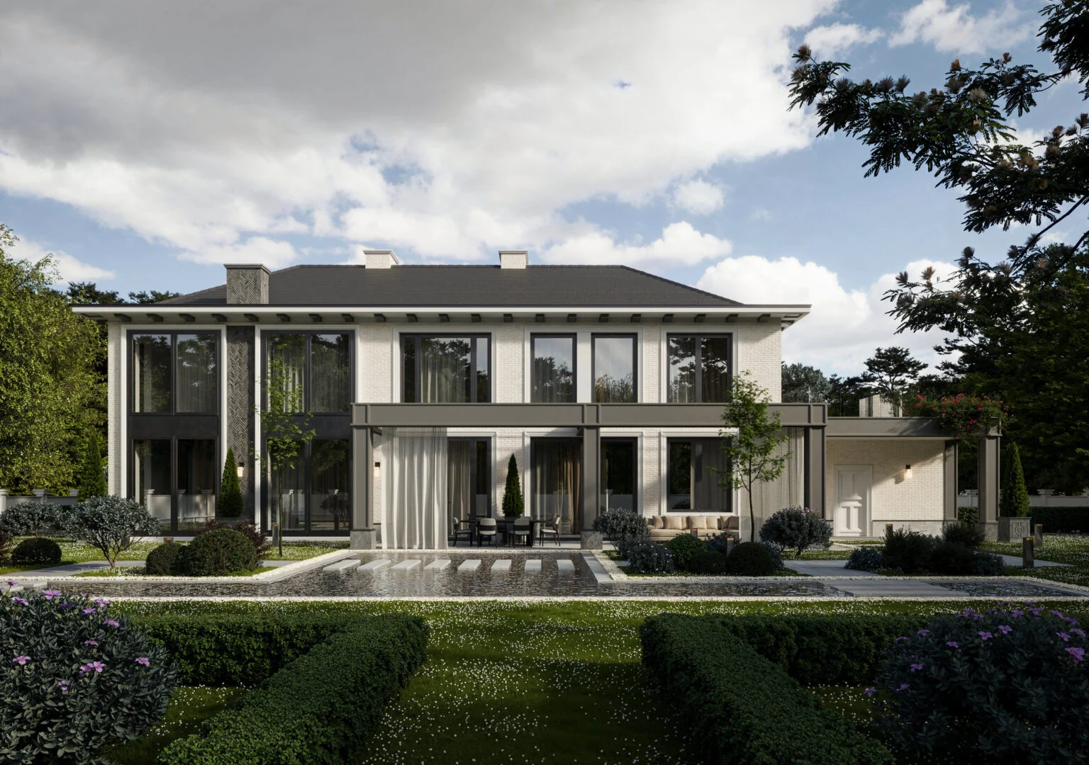 Villa Aurea w Kierszku: ogrodowa elewacja willi, panoramiczne przeszklenia i taras w świetle dziennym