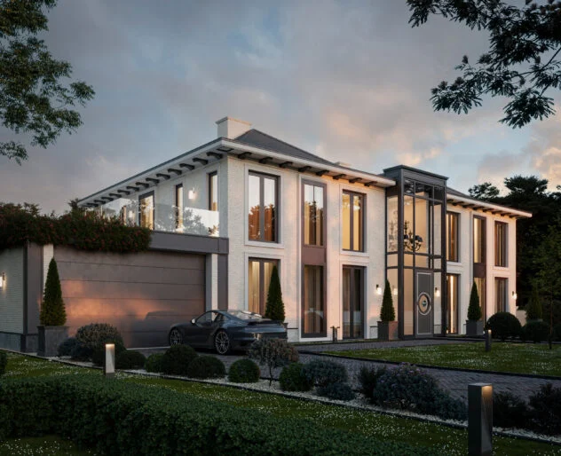 Villa Aurea — wizualizacja frontu willi o zmroku, z podjazdem i garażem