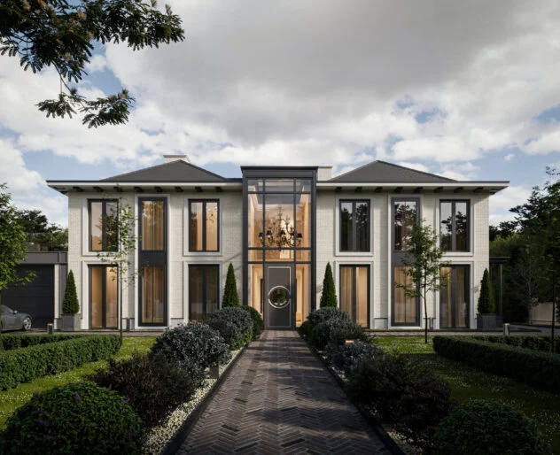 Villa Aurea — symetryczna elewacja frontowa, przeszklone wejście i ścieżka wśród zieleni