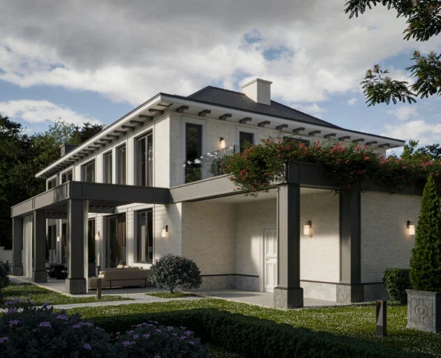 Villa Aurea — boczna elewacja, tarasy i zieleń wokół domu