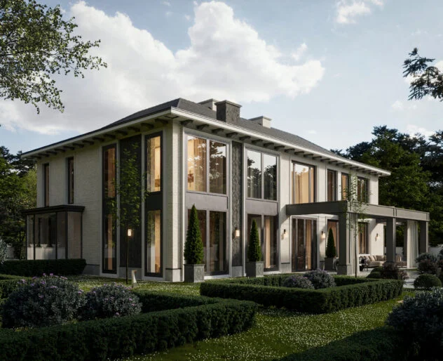 Villa Aurea — narożne przeszklenia willi, taras i ogród w otoczeniu drzew