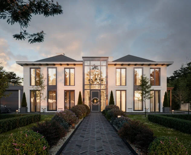 Villa Aurea — frontowa elewacja i wejście do domu w wieczornym oświetleniu