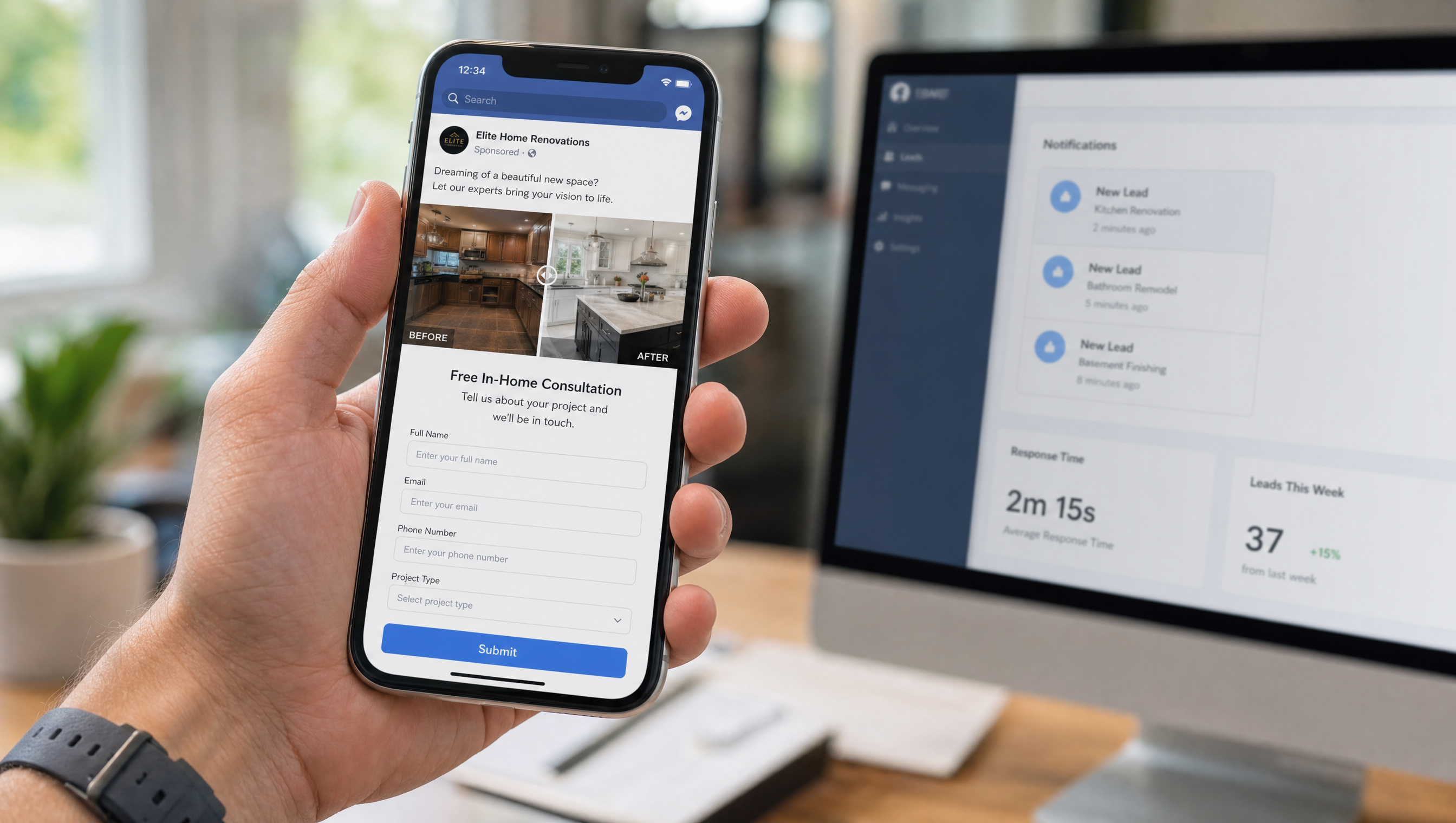 Kampania leadowa Meta - reklama firmy remontowej na smartfonie