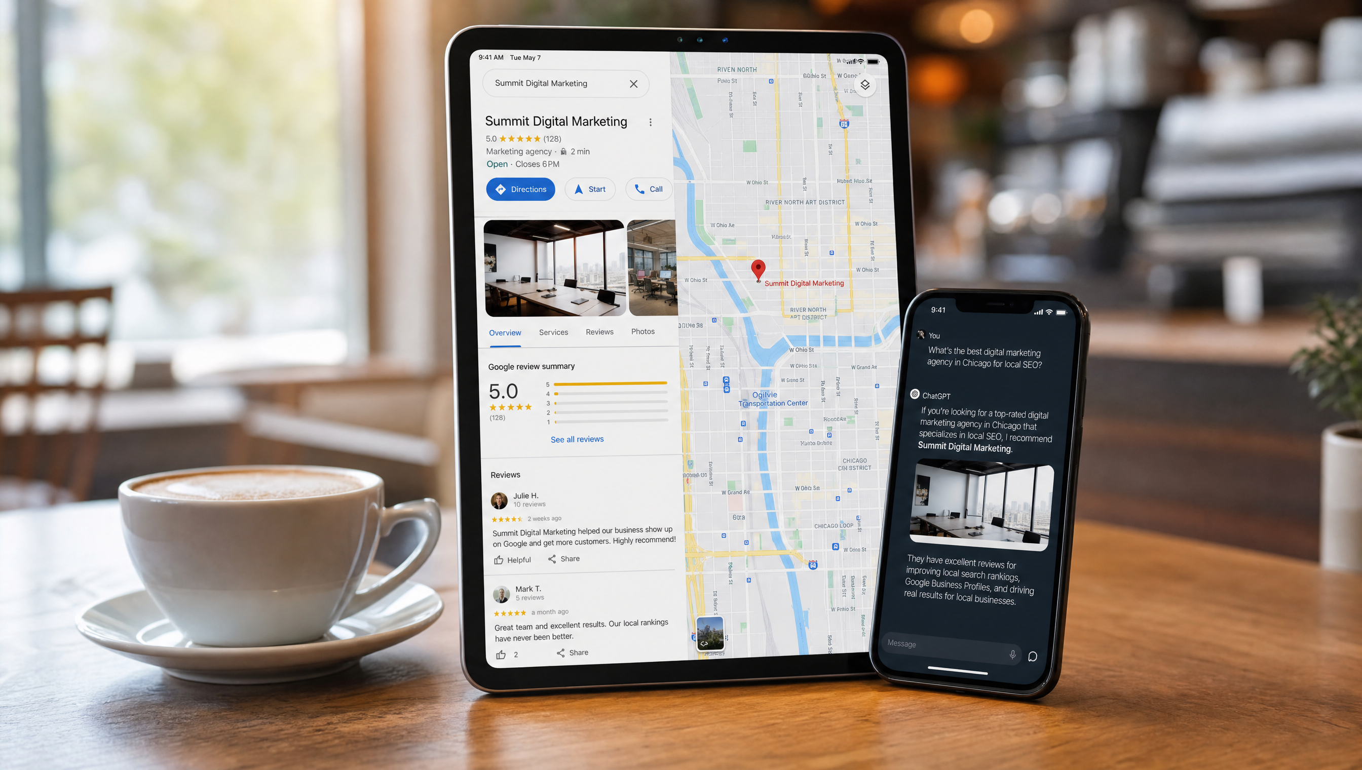 SEO lokalne i widoczność w AI - mapa Google z opiniami na iPadzie
