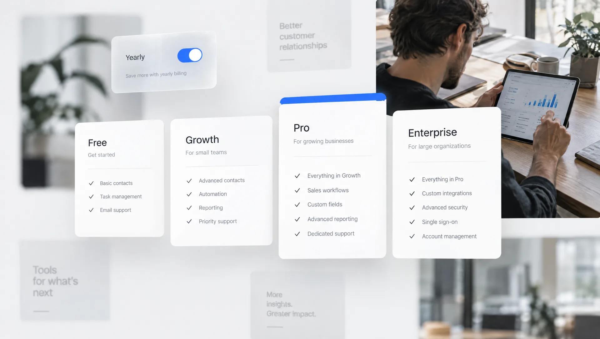 Kolaż interfejsu: cztery plany cenowe CRM, Free, Growth, Pro i Enterprise, z wyróżnionym planem Pro