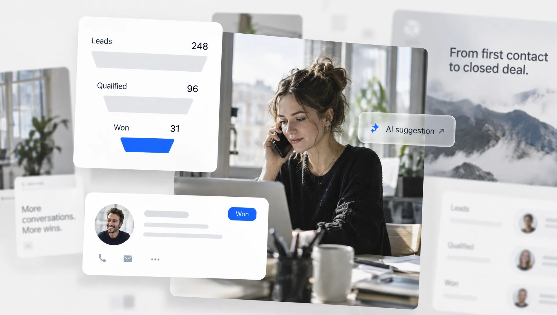 Kolaż interfejsu CRM: lejek sprzedażowy od leadów do wygranych szans z podpowiedzią AI