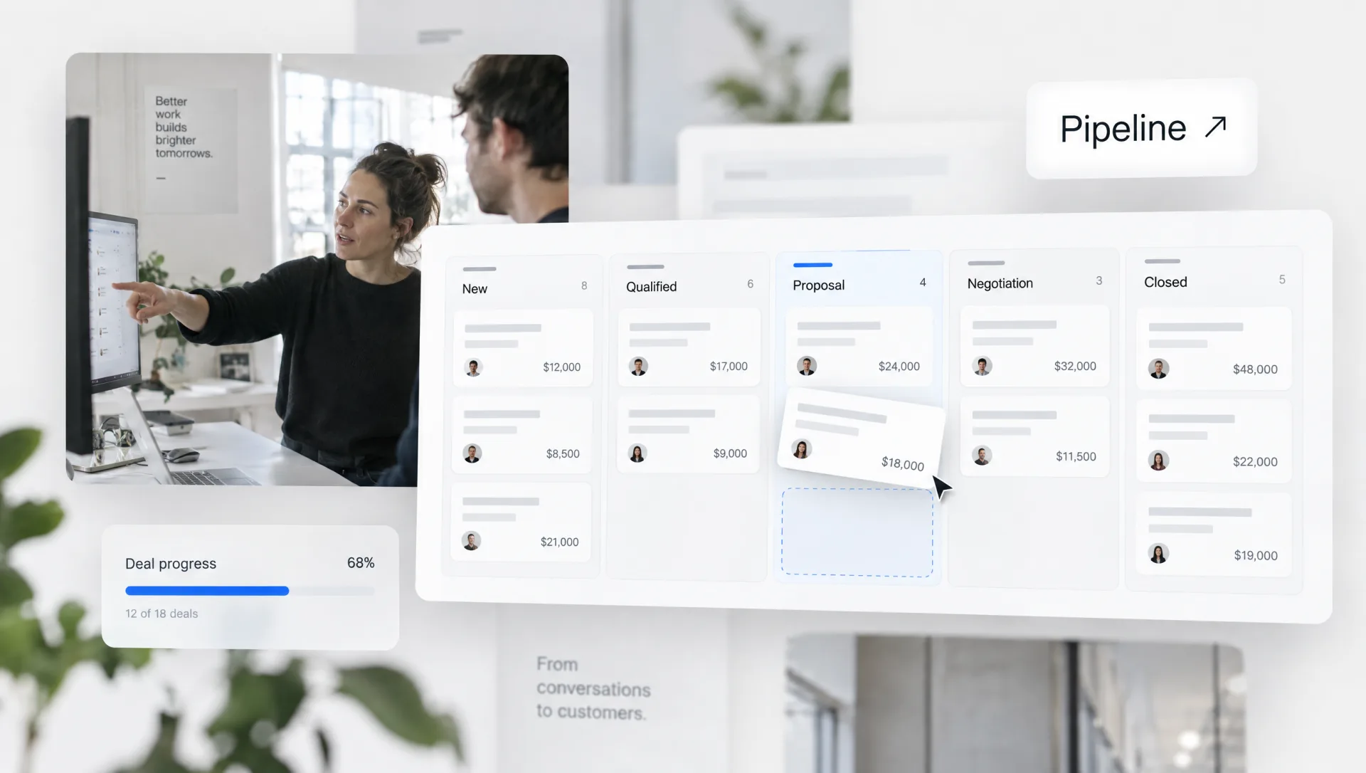 Kolaż interfejsu CRM: pipeline sprzedażowy kanban z kartą szansy przesuwaną do kolejnego etapu
