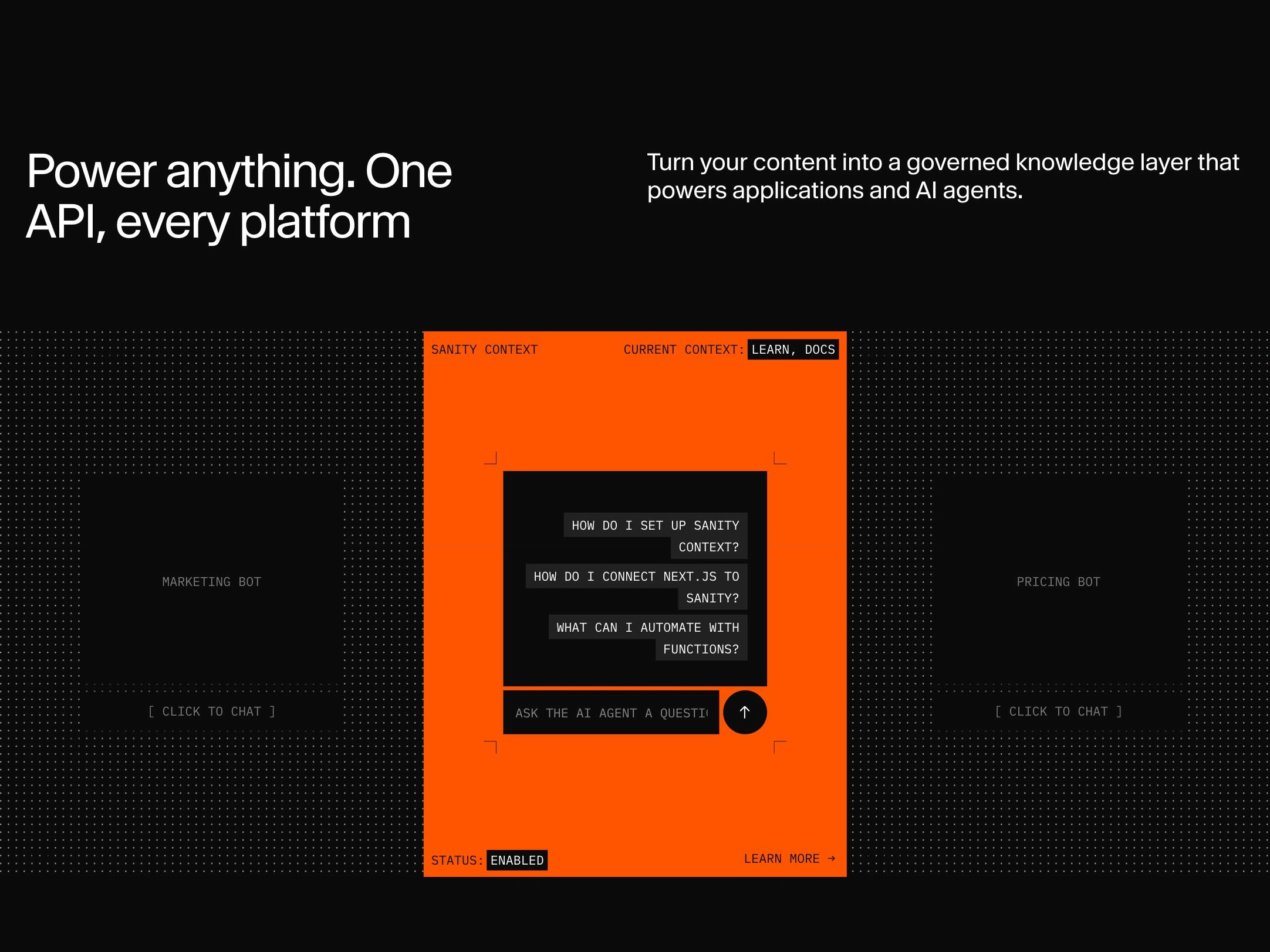 Sekcja Power anything. One API, every platform na stronie Sanity: panel Sanity Context z pytaniami do agenta AI, np. jak połączyć Next.js z Sanity
