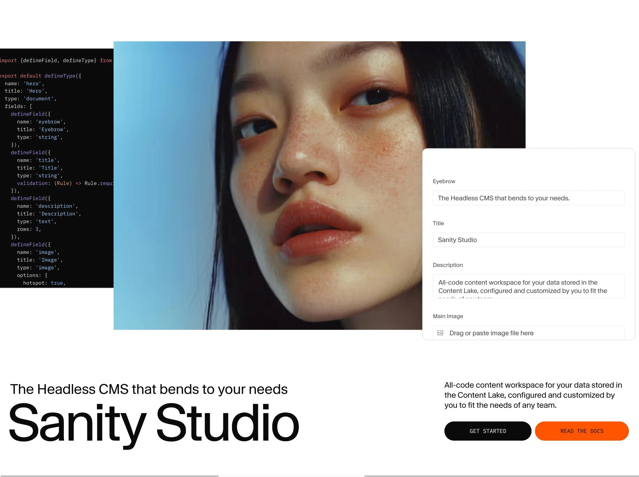 Strona Sanity Studio: schemat dokumentu zdefiniowany w kodzie TypeScript obok formularza redakcyjnego z polami Eyebrow, Title, Description i Main Image