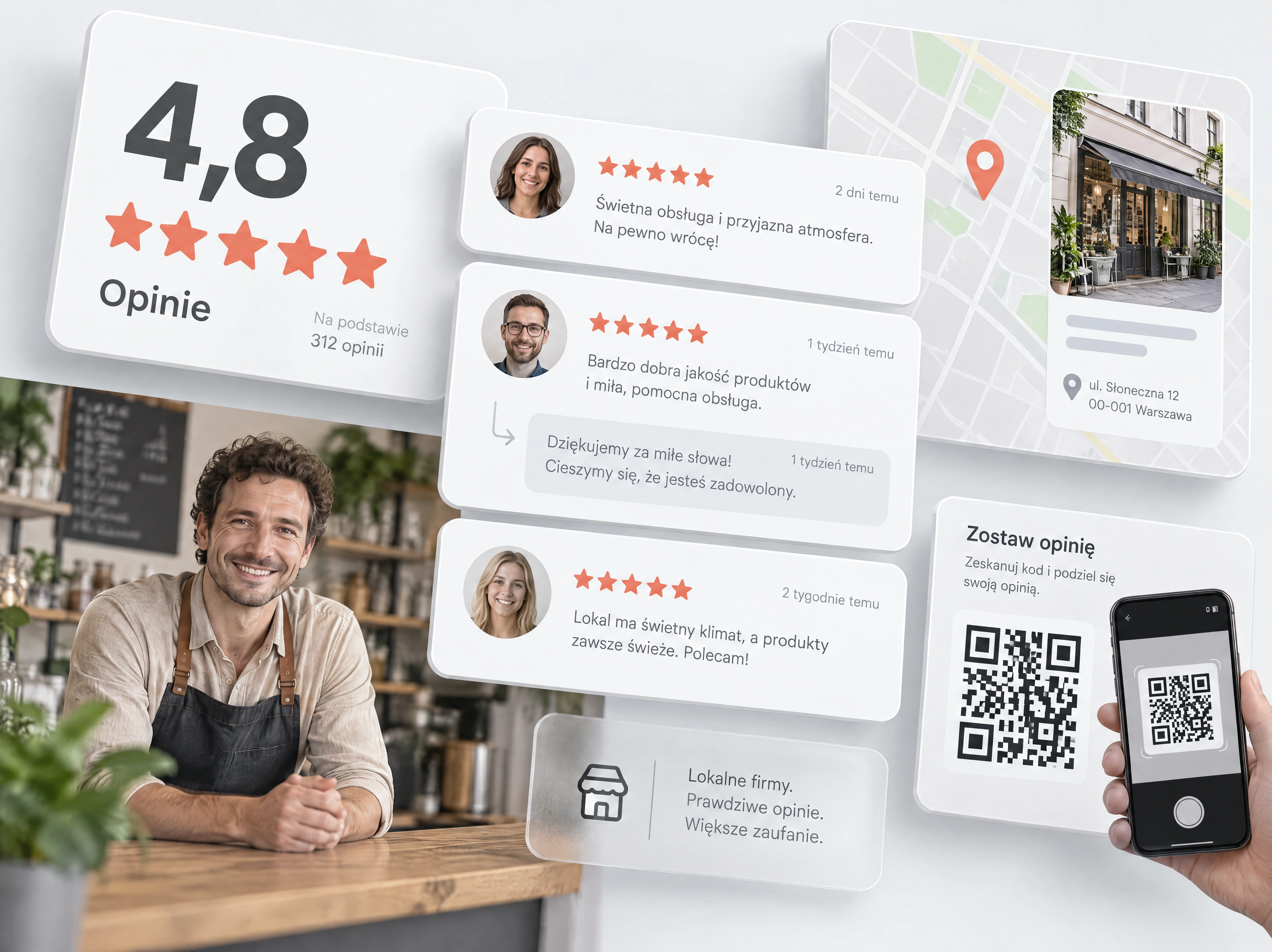 Kolaż kart z opiniami: duża ocena 4,8 z gwiazdkami, trzy opinie klientów z odpowiedzią firmy, mapa z pinezką i zdjęciem lokalu, karta Zostaw opinię z kodem QR, obok uśmiechnięty właściciel kawiarni