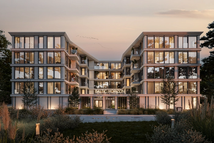 Baltic Horizon w Międzyzdrojach – apartamentowce o zmierzchu, wizualizacja 3D