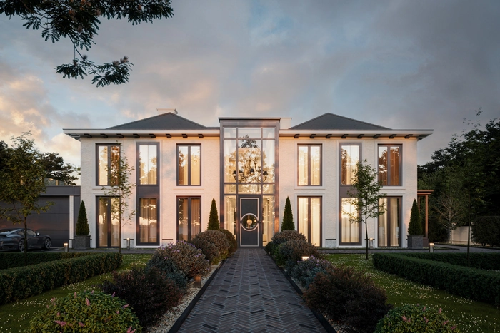 Villa Aurea w Warszawie – rezydencja o zachodzie słońca, wizualizacja 3D