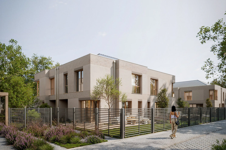 Portfolio wizualizacji 3D dla Warszawy: Harmonia Walendów — dom typu 1 z jasną elewacją, ogrodzeniem i ogrodem